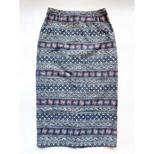 Vintage Vivaldi Jeanswear Blue Patterned Cotton Pencil Skirt Size 8